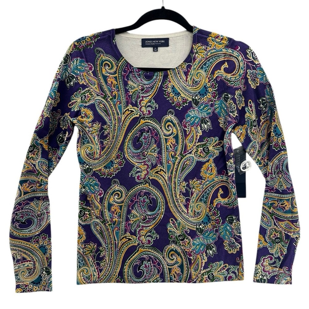 JONES NEW YORK SIGNATURE PETITE Purple Paisley Print Long Sleeve Sweater Top PP